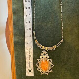 Statement necklace silver tone with large orange stone